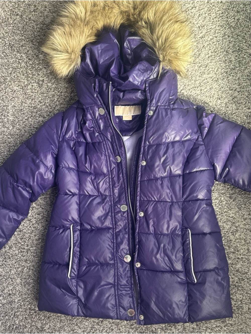 Michael Kors Girls' Purple Hooded Puffer Jacket with Faux Fur Trim